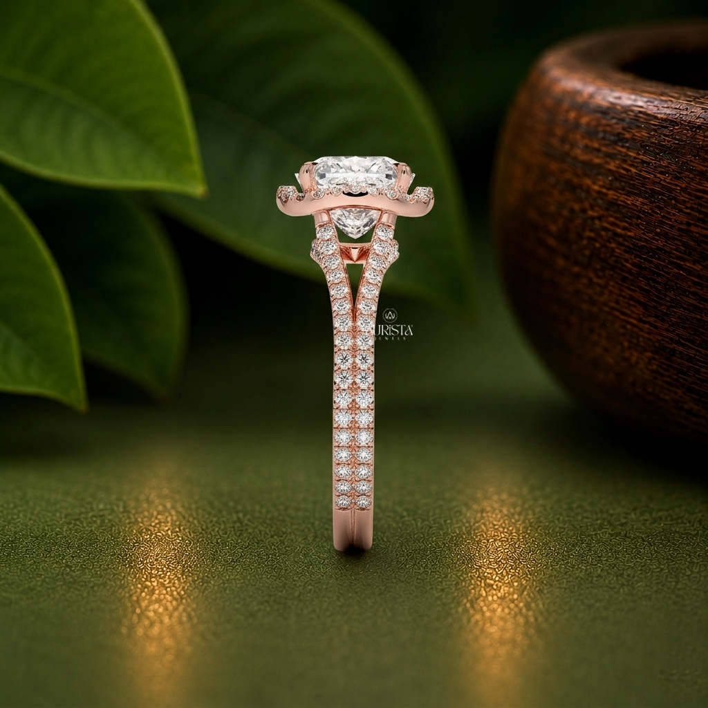 Cushion Lab Grown Diamond Ring, Rose Gold Split Shank Halo With Round Side Stones