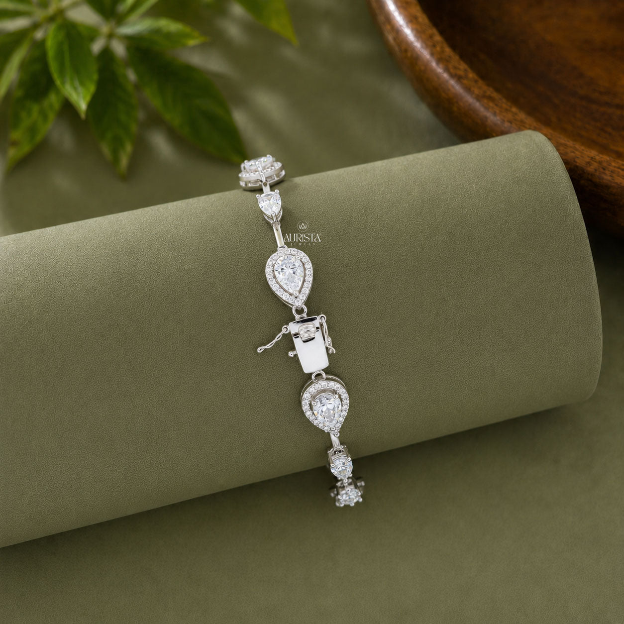 Pear Cut Moissanite Halo Station Bracelet - Silver Teardrop Link Tennis Bracelet