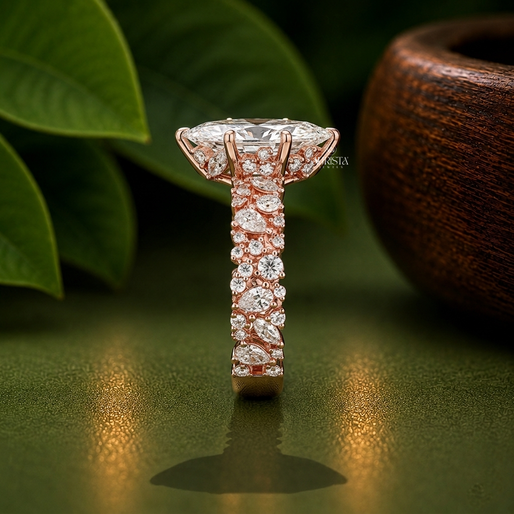 Marquise Lab Grown Diamond Ring, Ornate Floral Rose Gold Band Statement Fine Jewelry