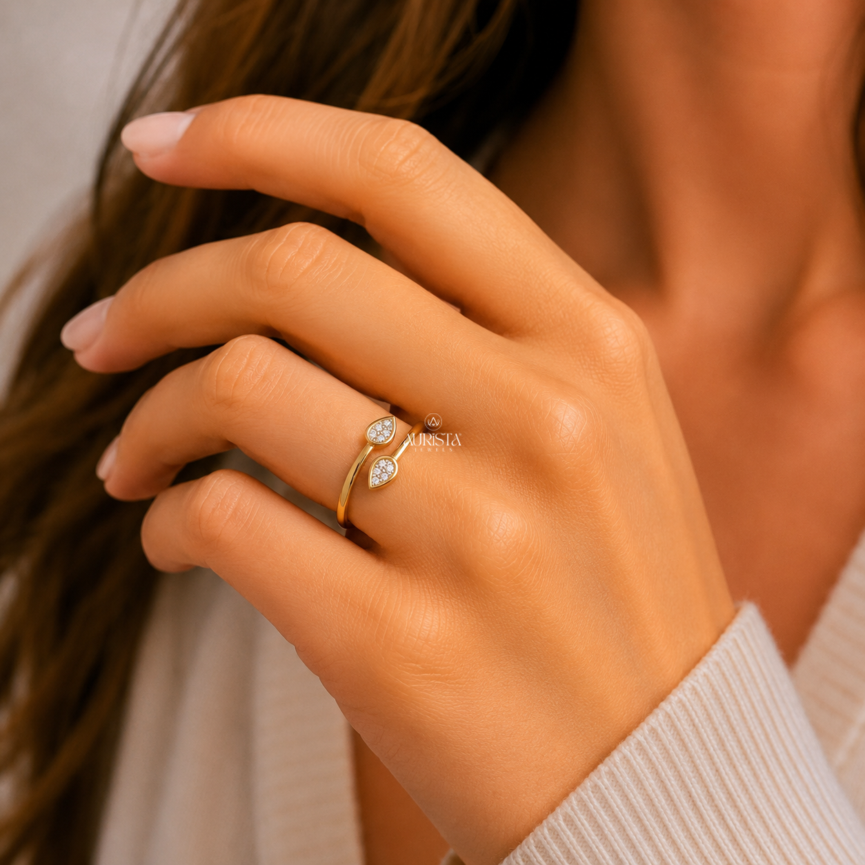 Lab Grown Diamond Gold Pear Ring Bypass Wrap Ring Dainty Leaf Stacking Ring Chic