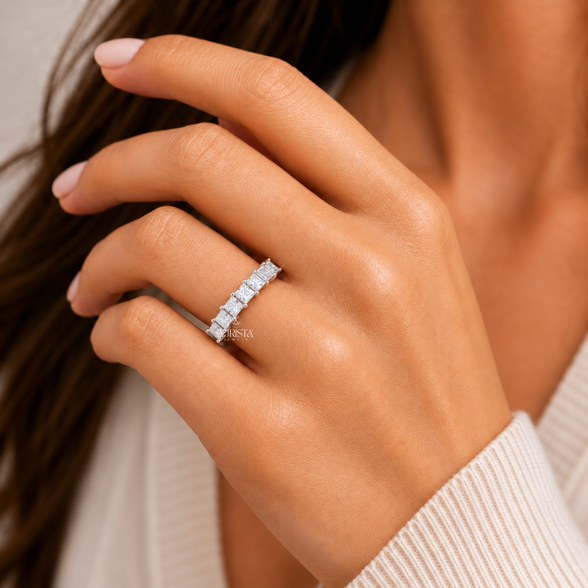 Princess Cut Lab Grown Diamond Eternity Band, Stackable Wedding Ring