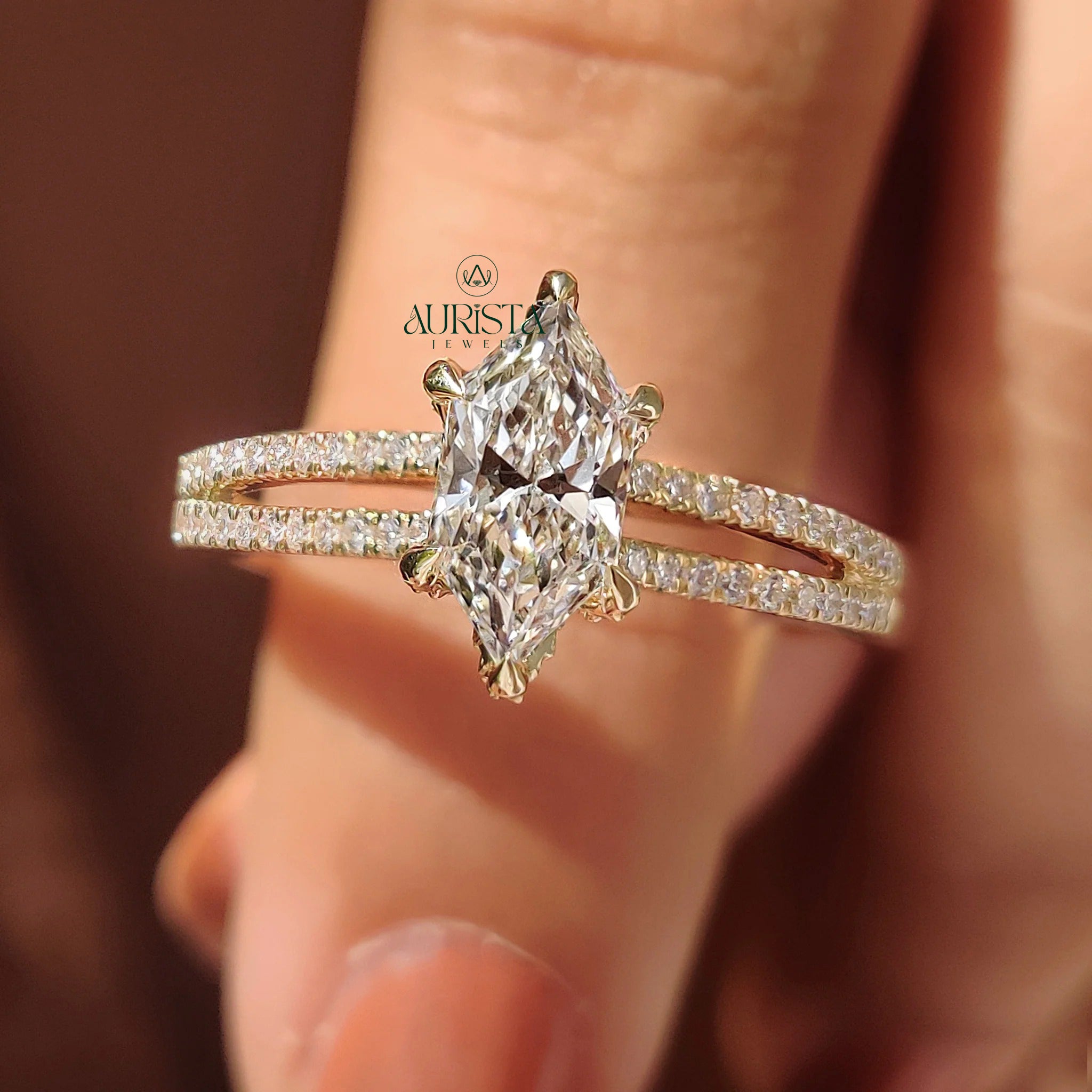 Aurielle Marquise Cut Diamond Ring with Double Pave Band