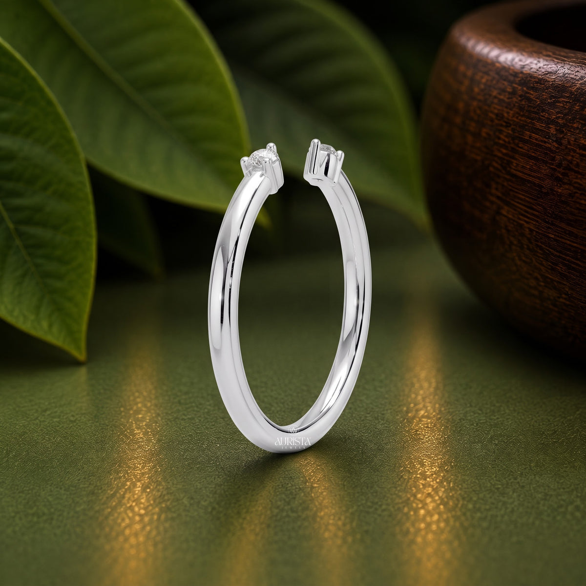 Open Gap Round Moissanite Diamond Ring, Minimalist Stacking Band In White Gold Solitaire Set