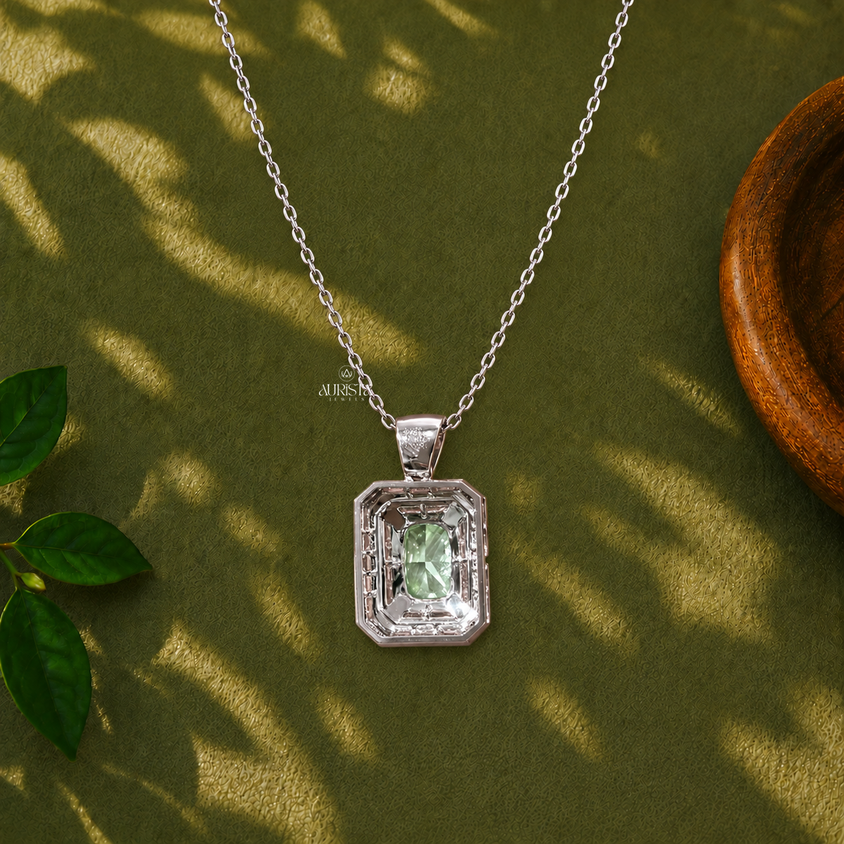 Green Color Diamond Halo Pendant Necklace Lab Grown in Diamond Silver Fine Jewelry
