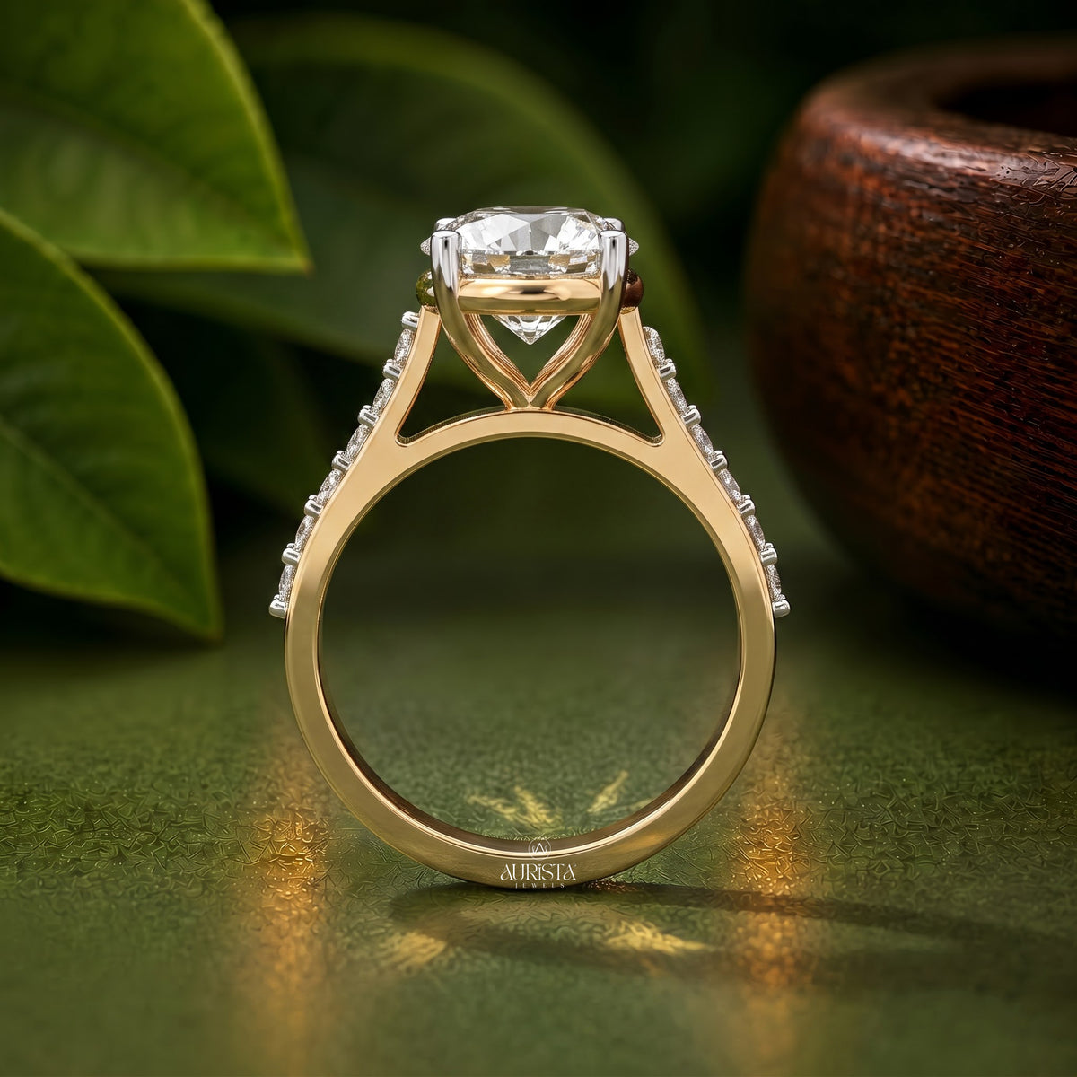 Round Lab Grown Diamond Ring, Two-Tone Gold Engagement Ring With Pave Accents
