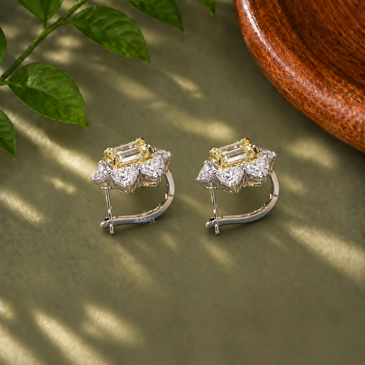 Yellow Emerald Cut Floral Cluster Stud Earrings Lab Grown in Diamond Statement Jewelry