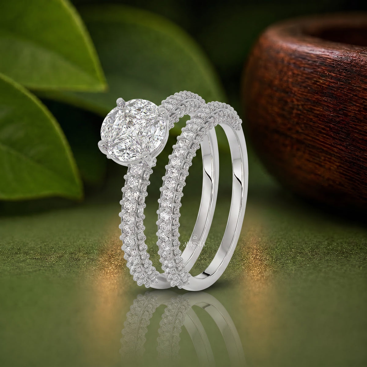 Moissanite Diamond Bridal Ring Set - Cushion Cluster Pave Engagement and Wedding Bands