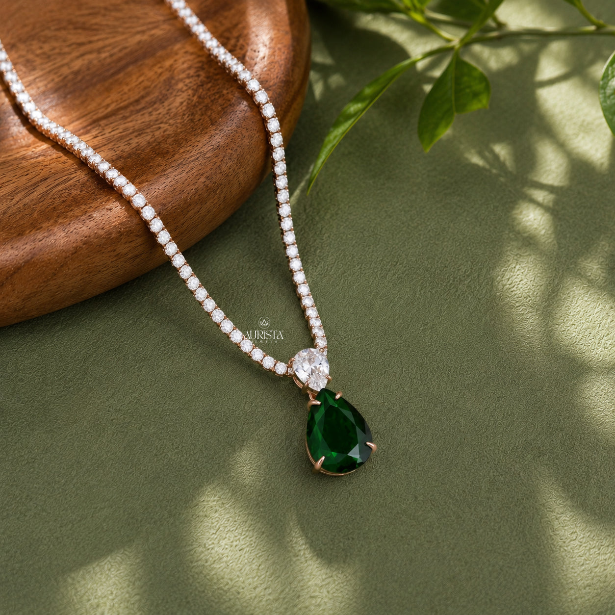 Round Moissanite Tennis Necklace with Pear-Cut Green Drop Pendant