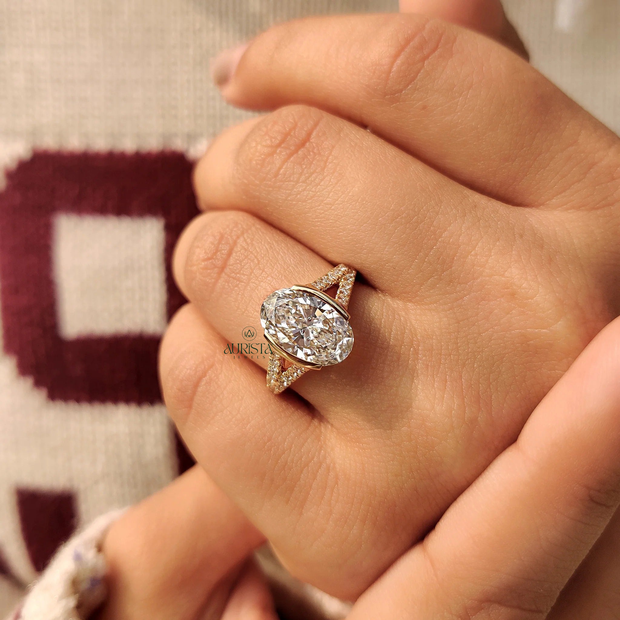 Oval Cut Diamond Half Bezel Split Pave Band Ring