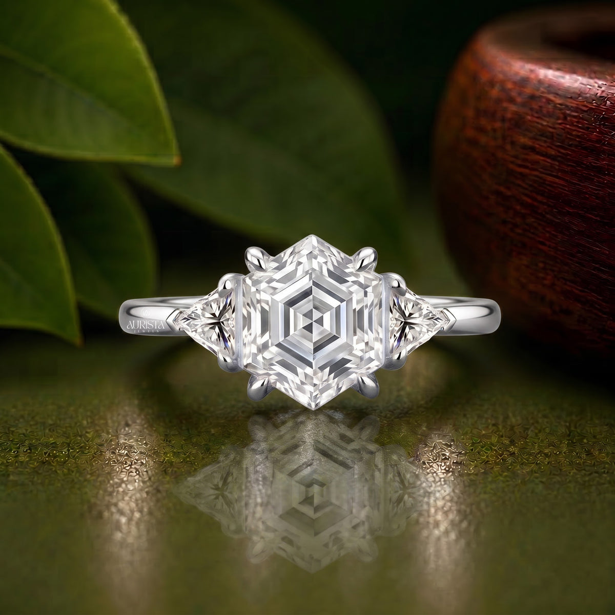 Hexagon Lab Grown Diamond Ring, Rose Gold Three Stone Ring With Trillion Side Stones