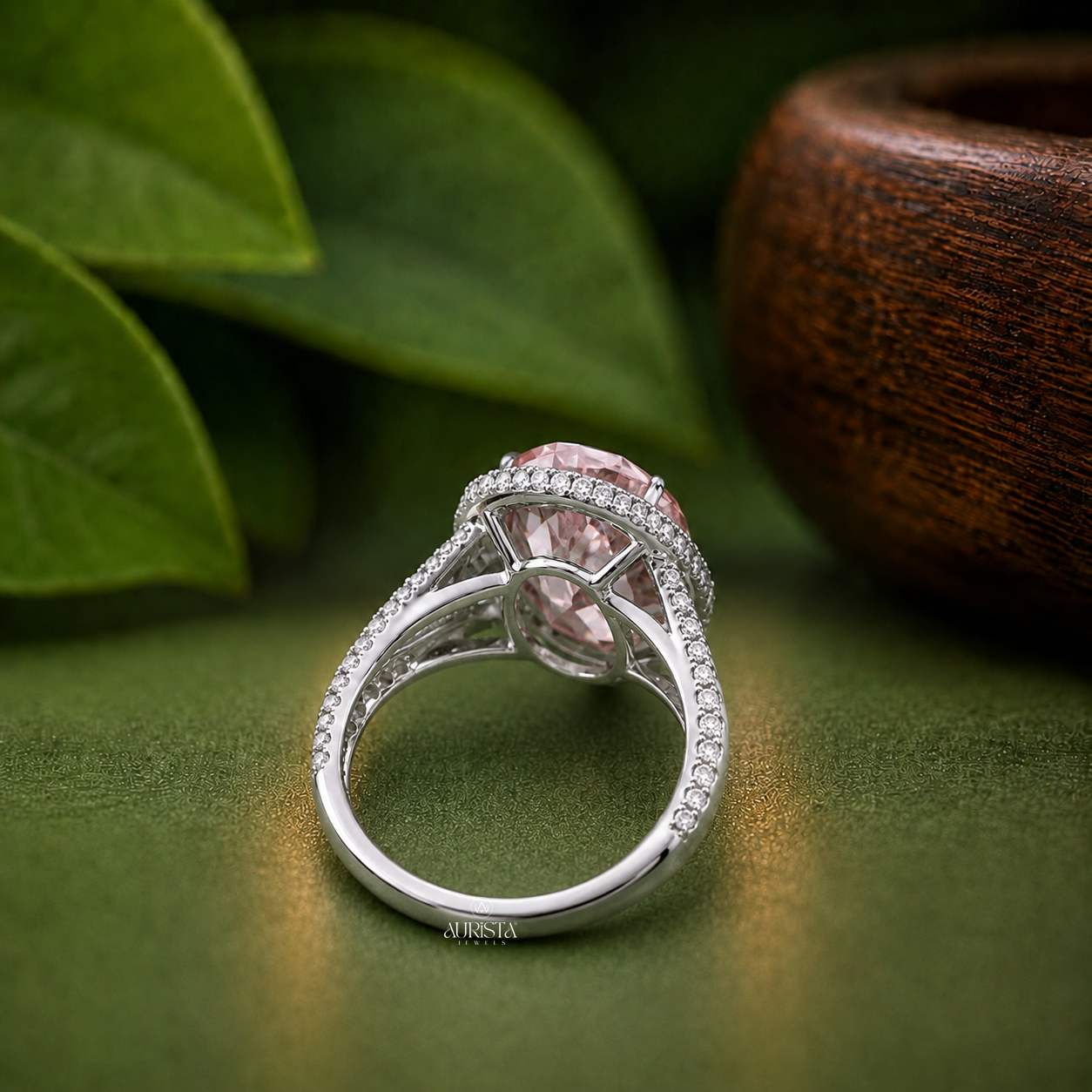 Lab Grown in Diamond Pink Oval Halo Engagement Ring Split Shank Statement Band