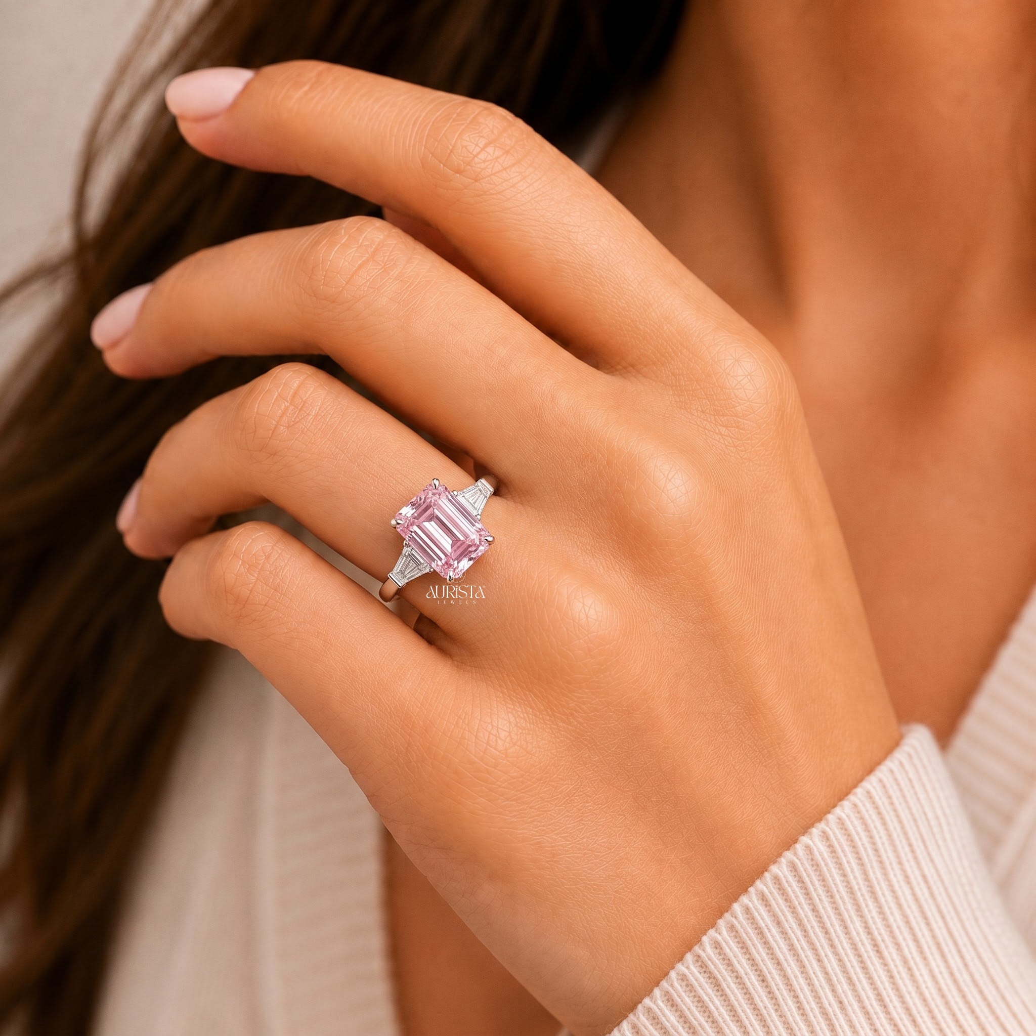 Lab Grown in Diamond Pink Emerald Cut Ring Three Stone Engagement Ring Statement