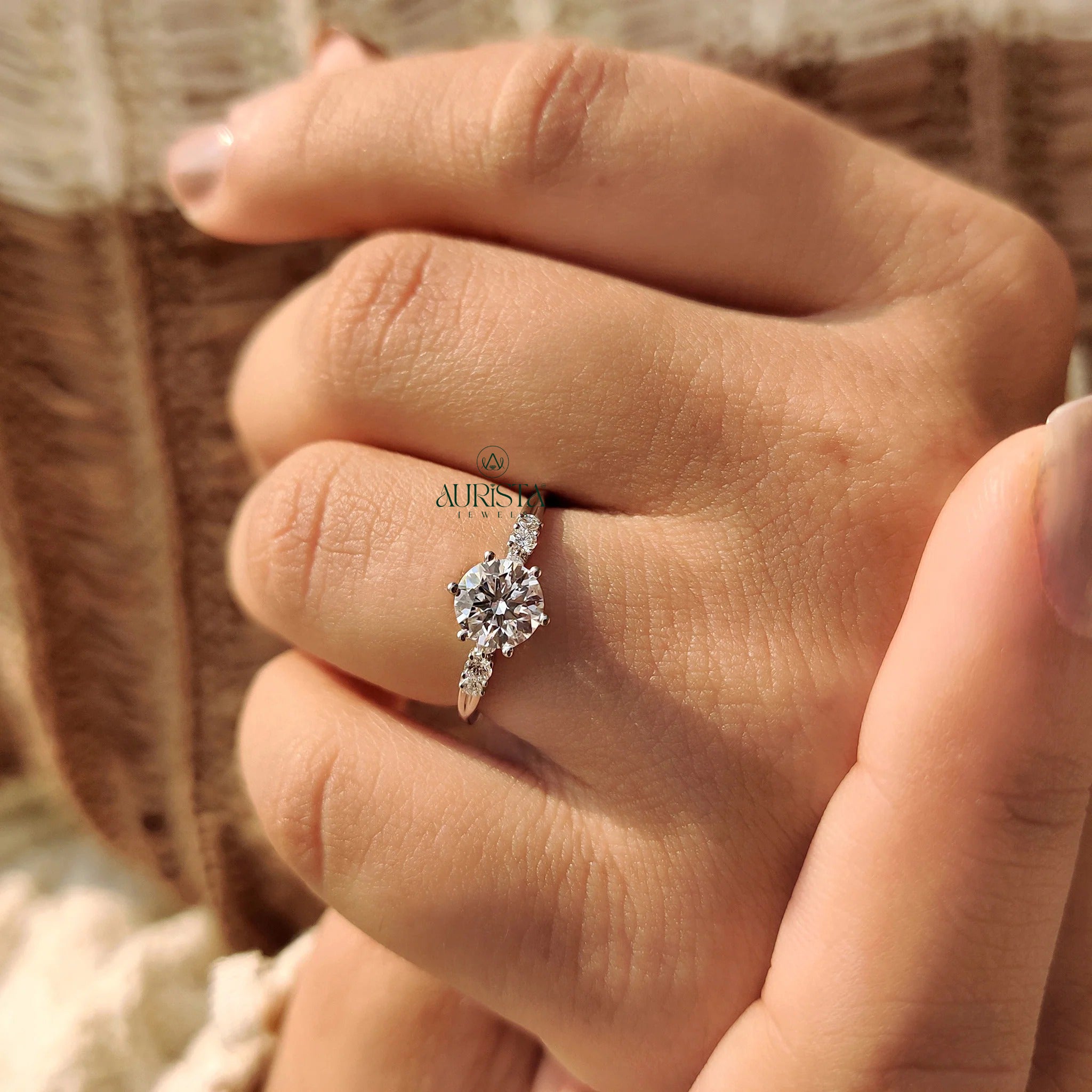 Round Brilliant Cut Diamond Ring with 6-Prong Accent Band