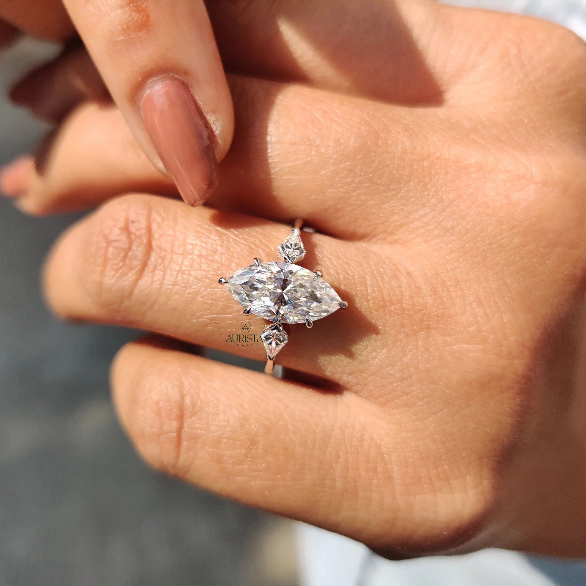Marquise Moissanite in Diamond Kite Accent White Gold 3 Stone Engagement Ring