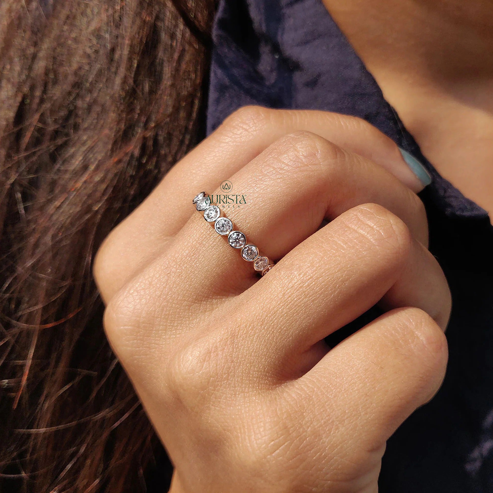 Moissanite Diamond Bezel Eternity Band Minimalist Stackable Wedding Ring