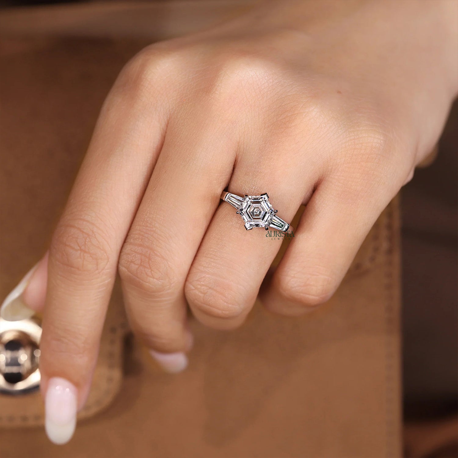 Hexagon Three Stone Ring with Tapered Baguette Side Stones