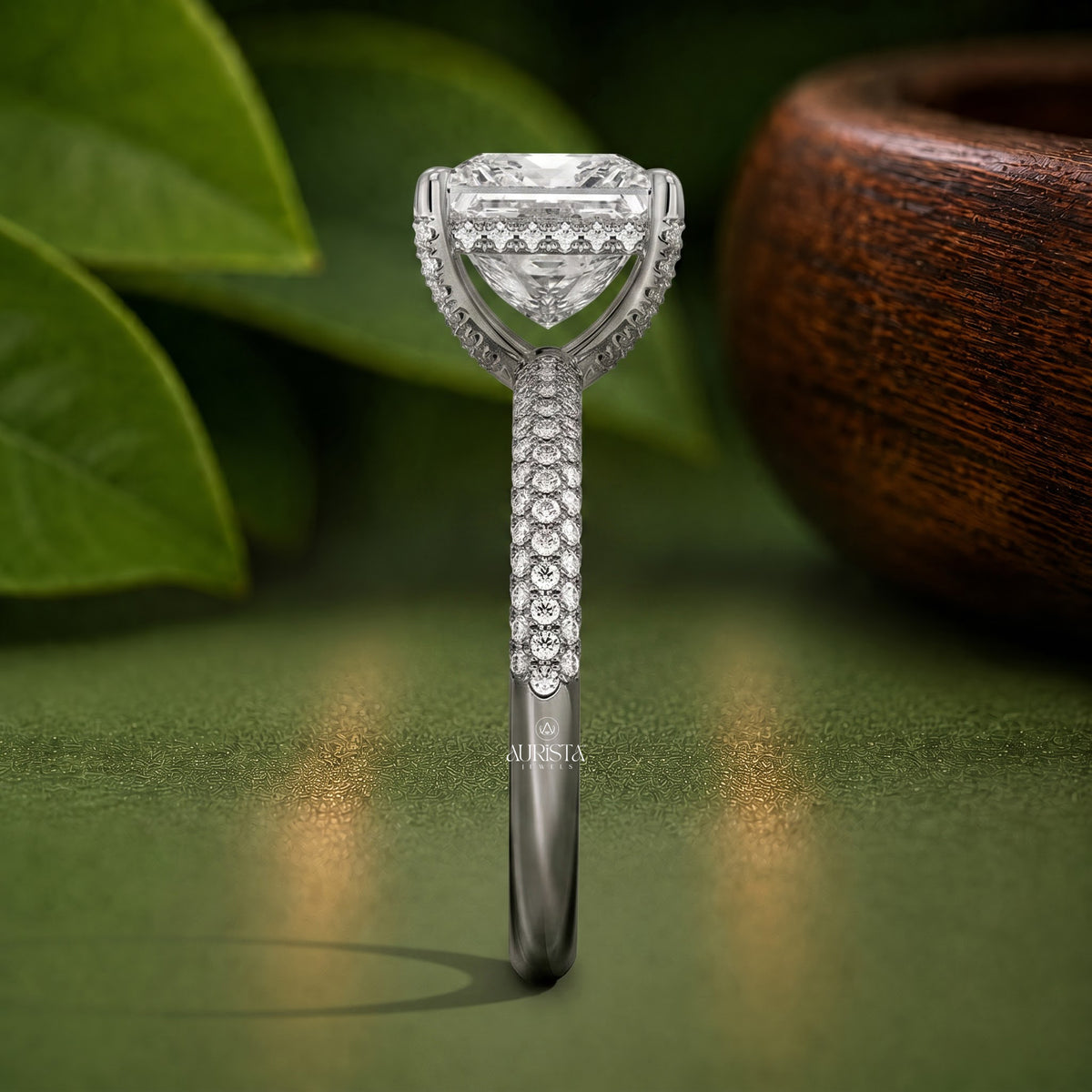 Princess Cut Lab Grown Diamond Hidden Halo Ring, Pave Band Fine Jewelry