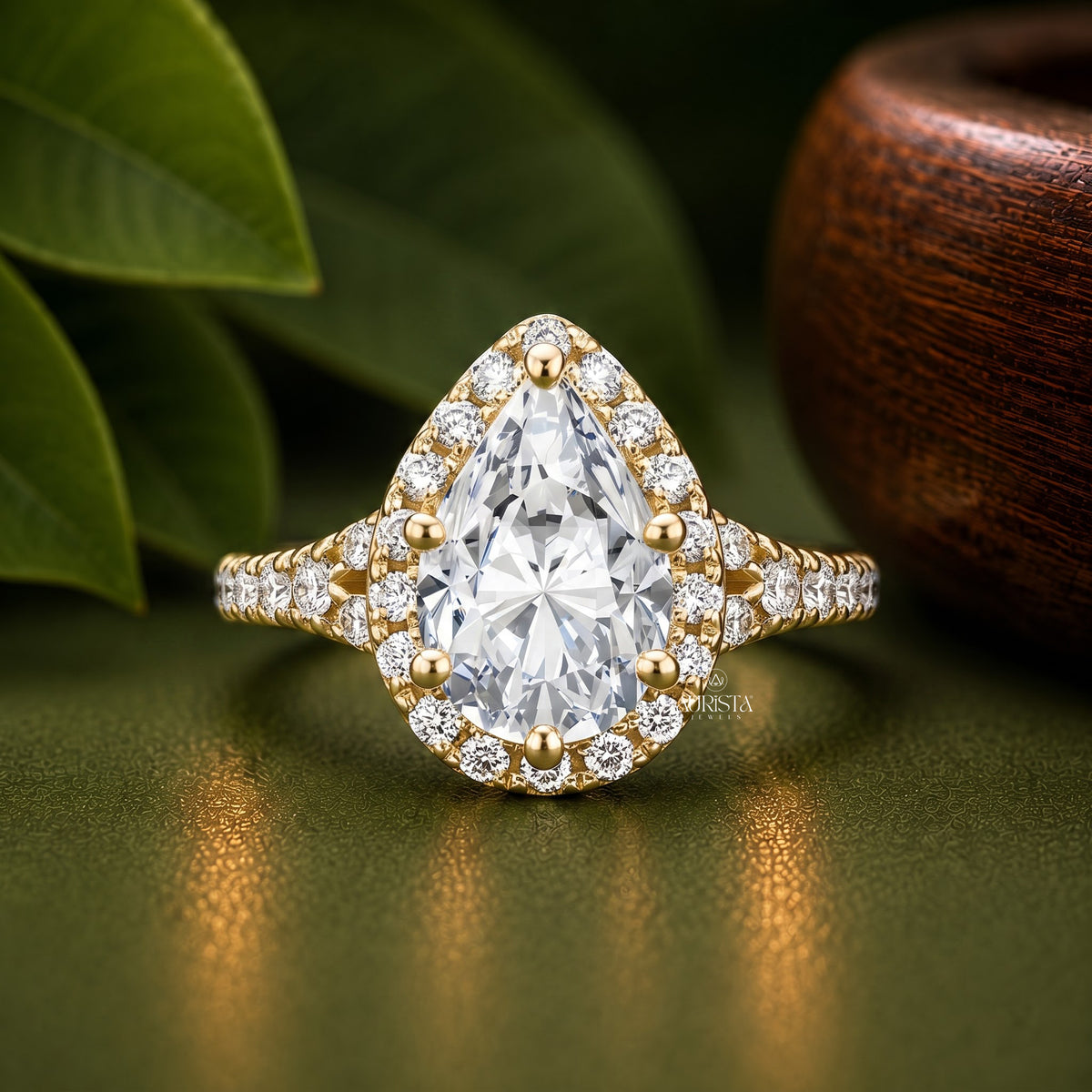 Pear Shape Lab Grown Diamond Ring Set, Halo Split Shank Pave Side Stones Bridal Jewelry