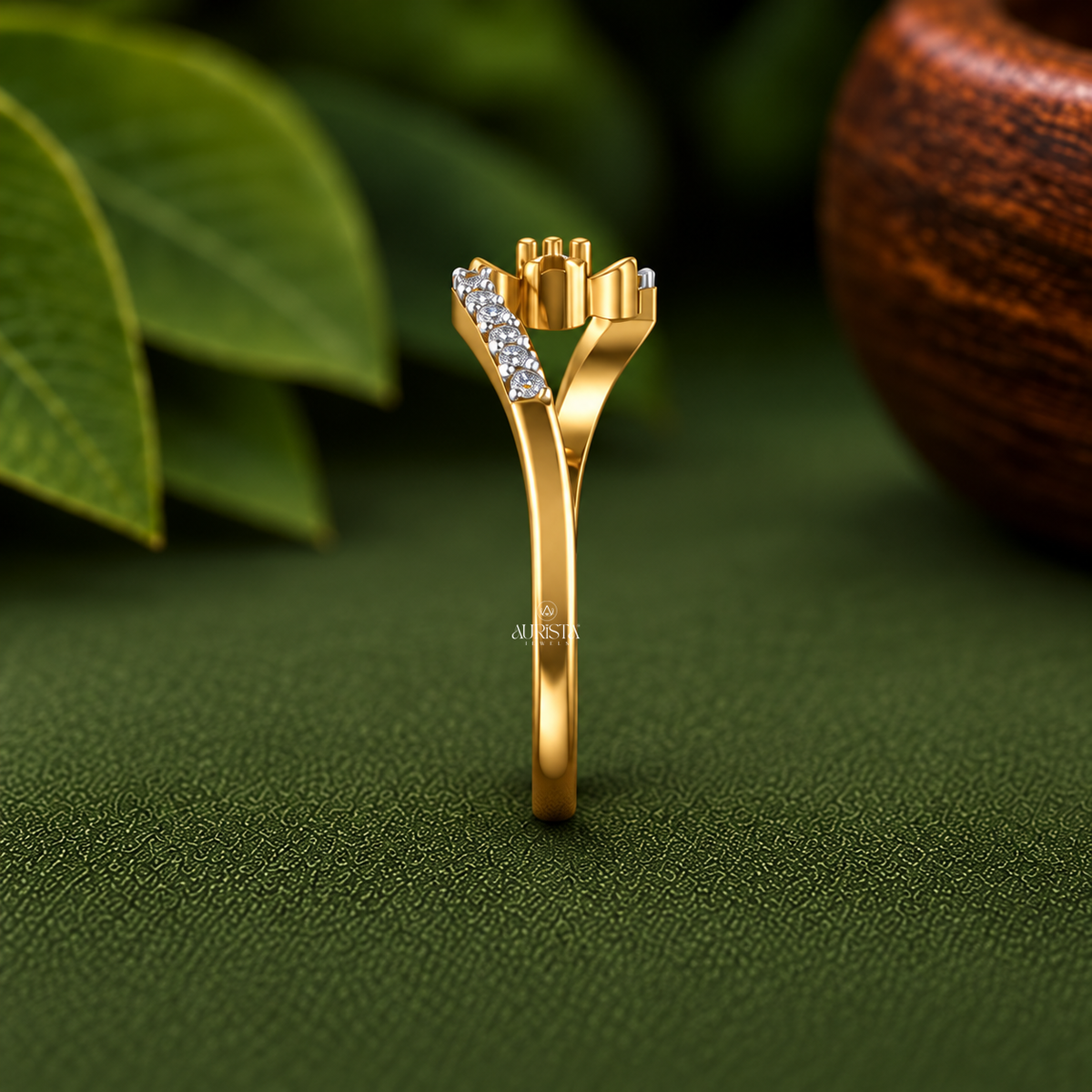 Gold Flower Bypass Ring with Pavé Accents Lab Grown in Diamond