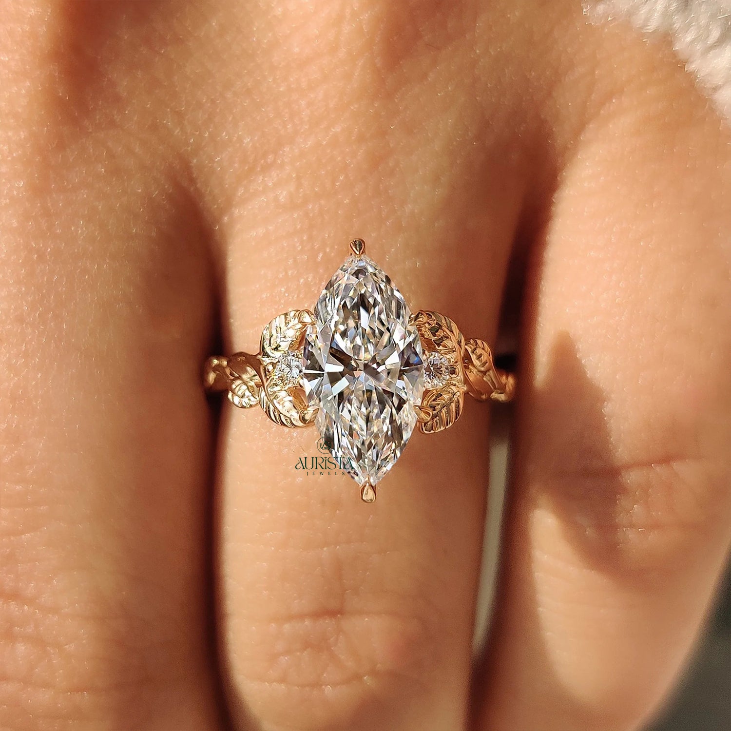 Marquise Cut Diamond Nature Inspired Floral Leaf Three Stone Ring