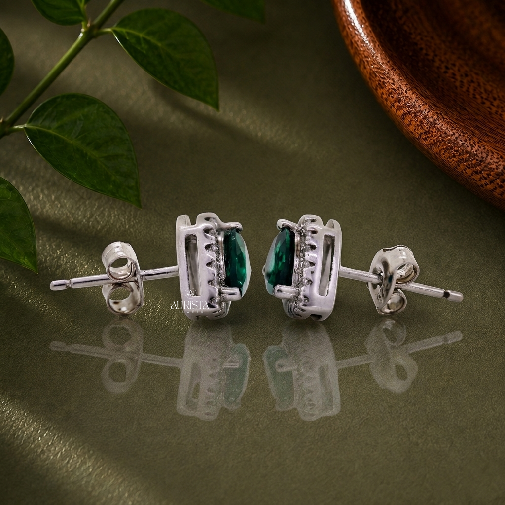 Lab Grown in Diamond Green Pear Halo Stud Earrings Dainty Jewelry