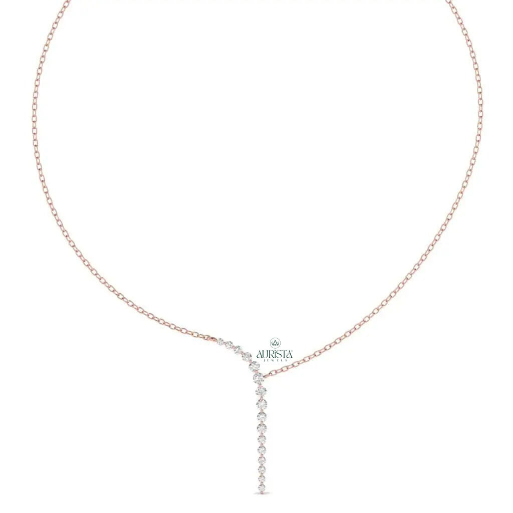 Gold Asymmetrical Necklace Lab Grown Diamond Lariat Minimalist Delicate Y Chain Gift