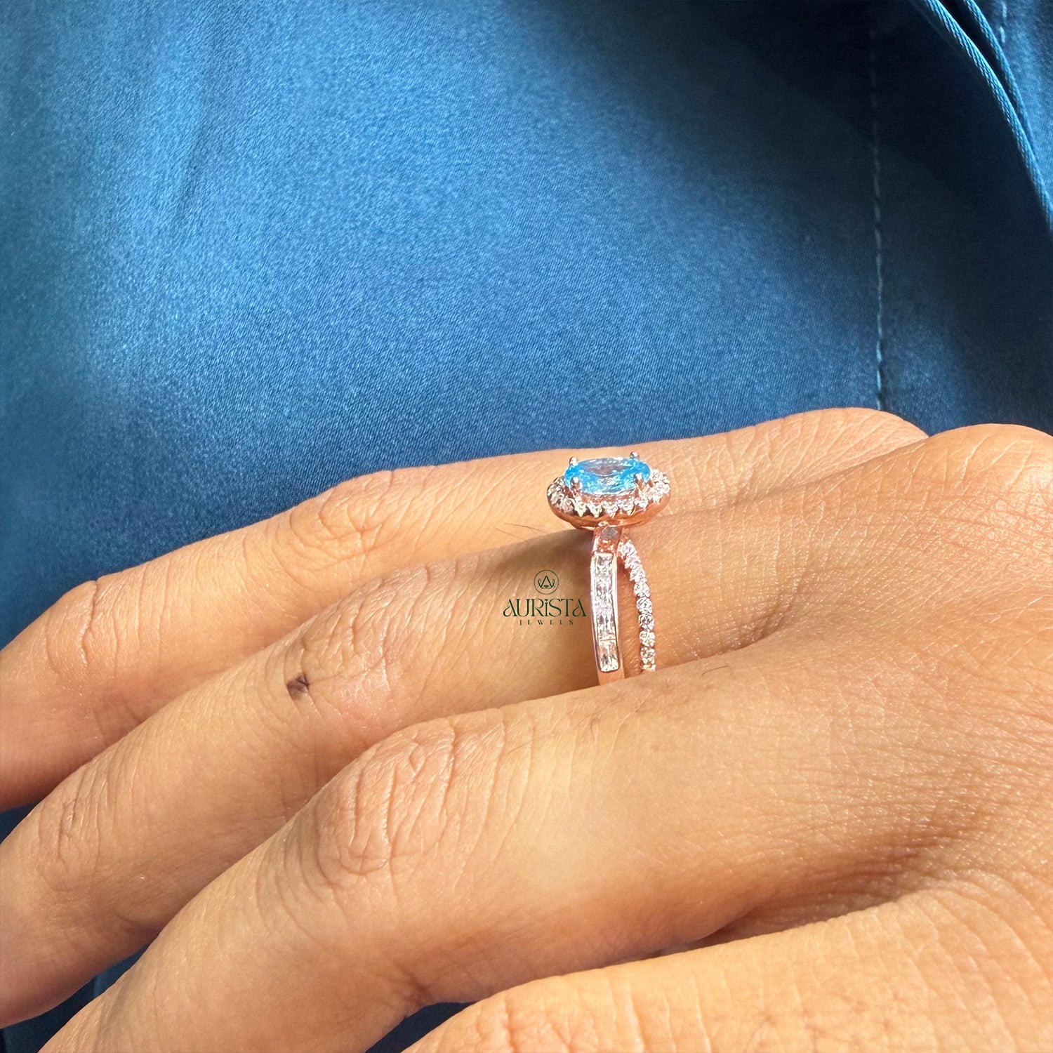 Oval Blue Moissanite Band Modern Split Shank Elegant Ring Everyday Luxury Jewelry
