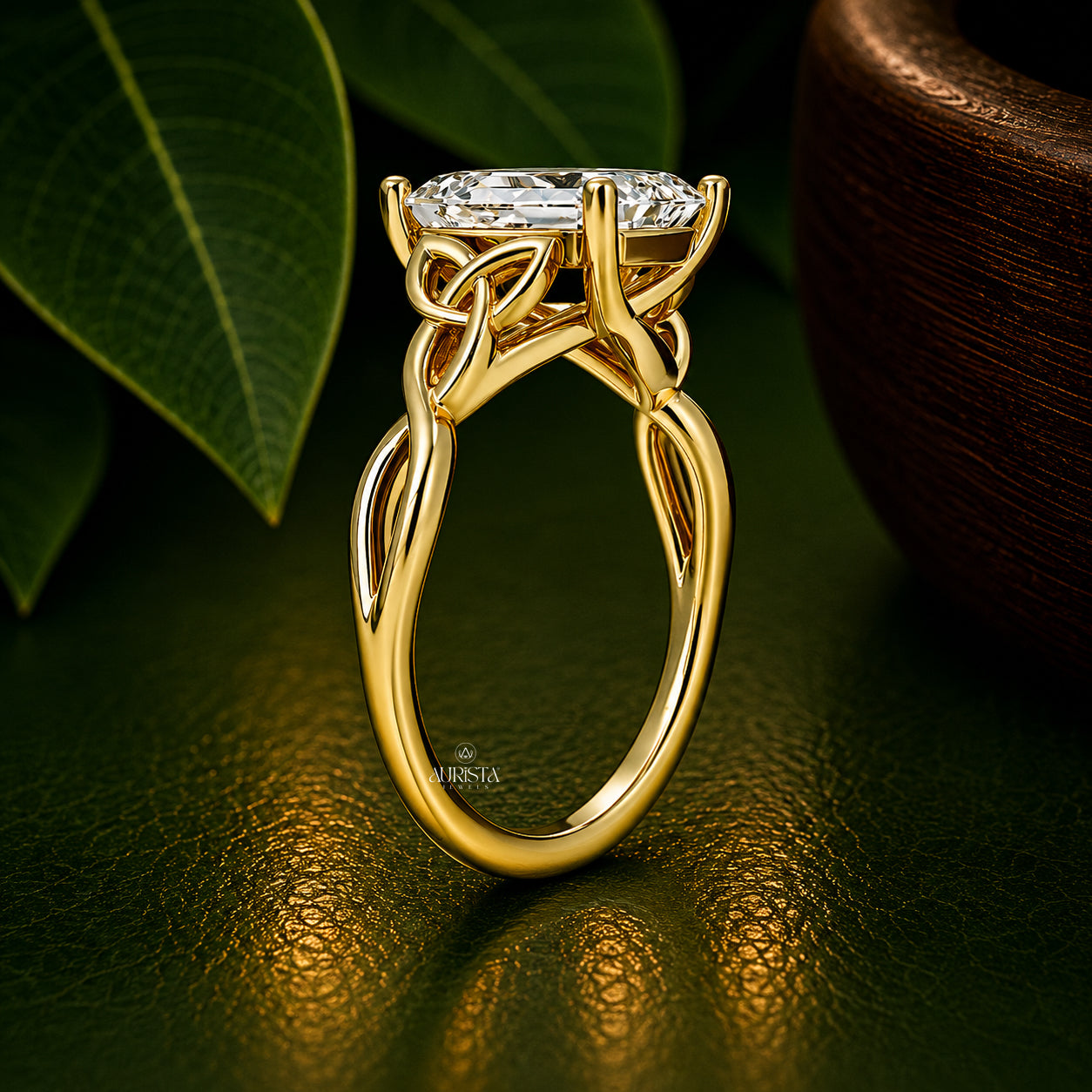 Emerald Cut Lab Grown Diamond Celtic Ring, Twisted Knot Engagement Wedding Band Ring