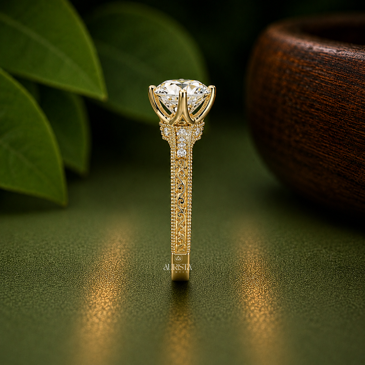 Vintage Round Moissanite Diamond Ring, Antique Milgrain Pavé Engagement Wedding Band