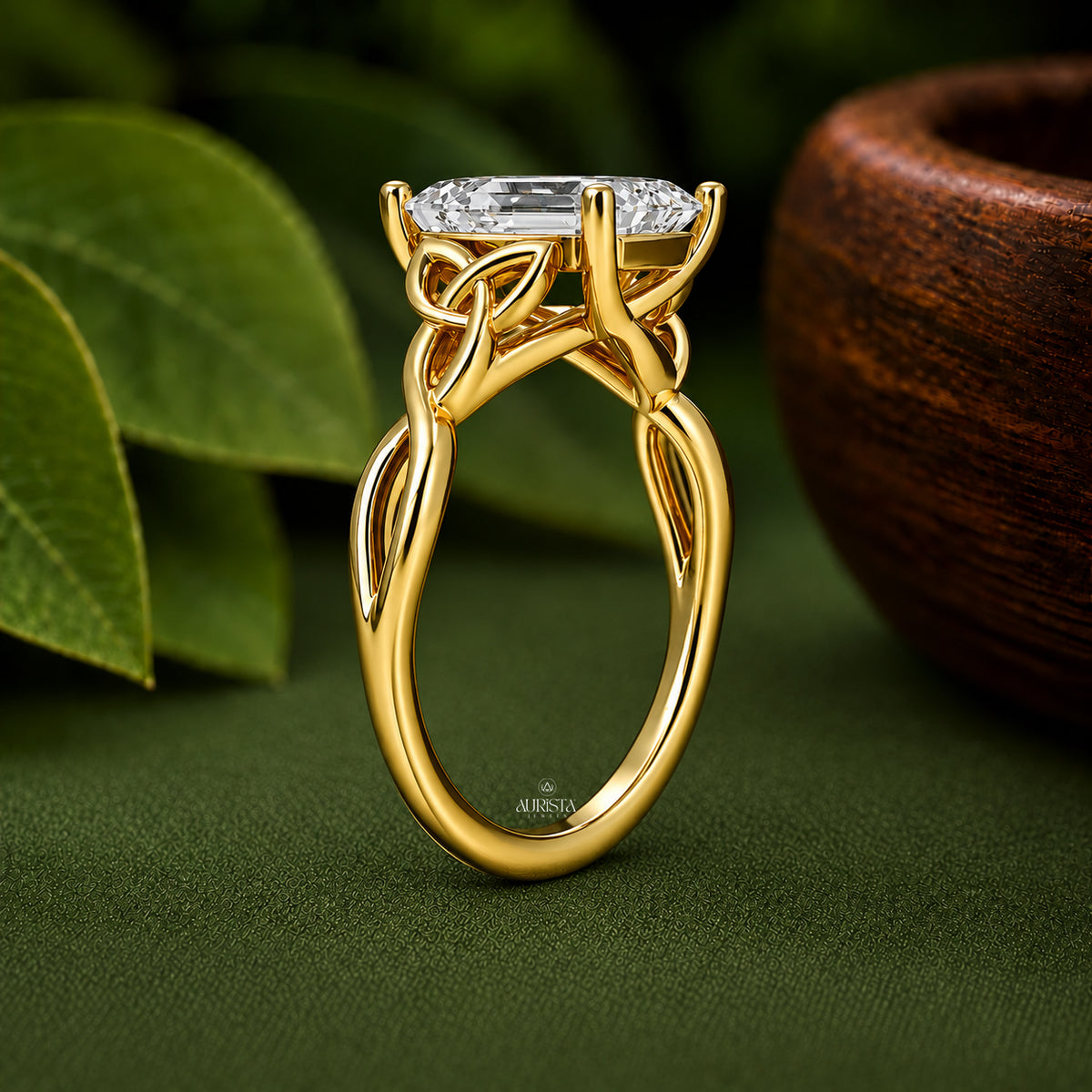 Emerald Cut Lab Grown Diamond Celtic Ring, Twisted Knot Engagement Wedding Band Ring
