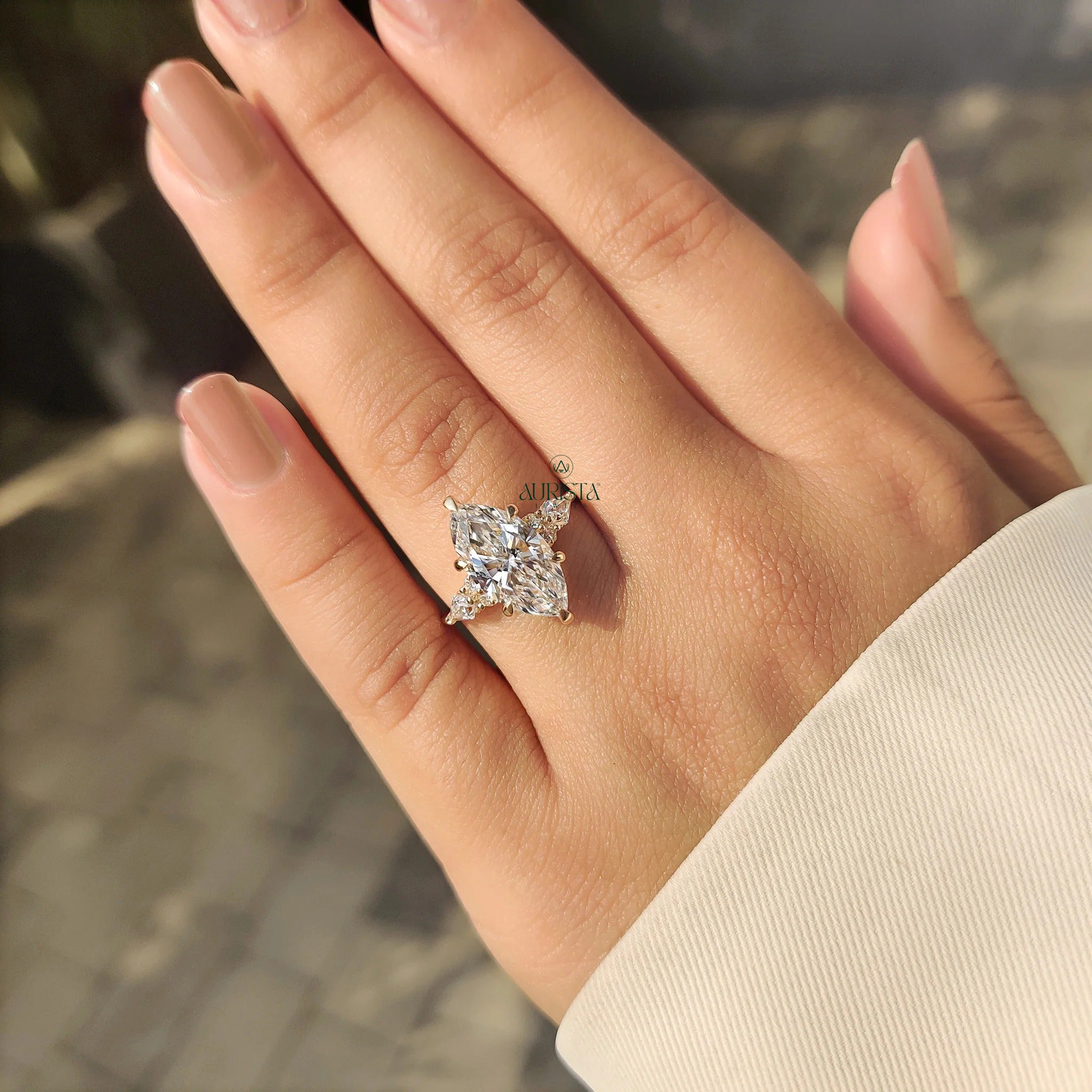 Marquise Cut Diamond Ring with Unique Kite Side Stones