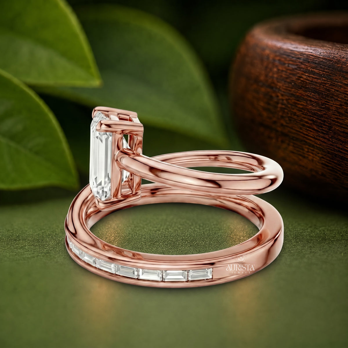 Emerald Moissanite Diamond Ring Set, Rose Gold Spiral Bridal Band With Baguette Set