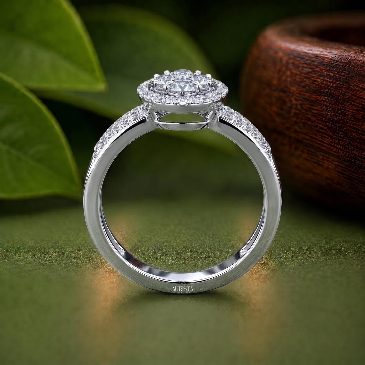 Oval Cluster Diamond Ring, Lab Grown Diamond Statement Band In White Gold Pave Set