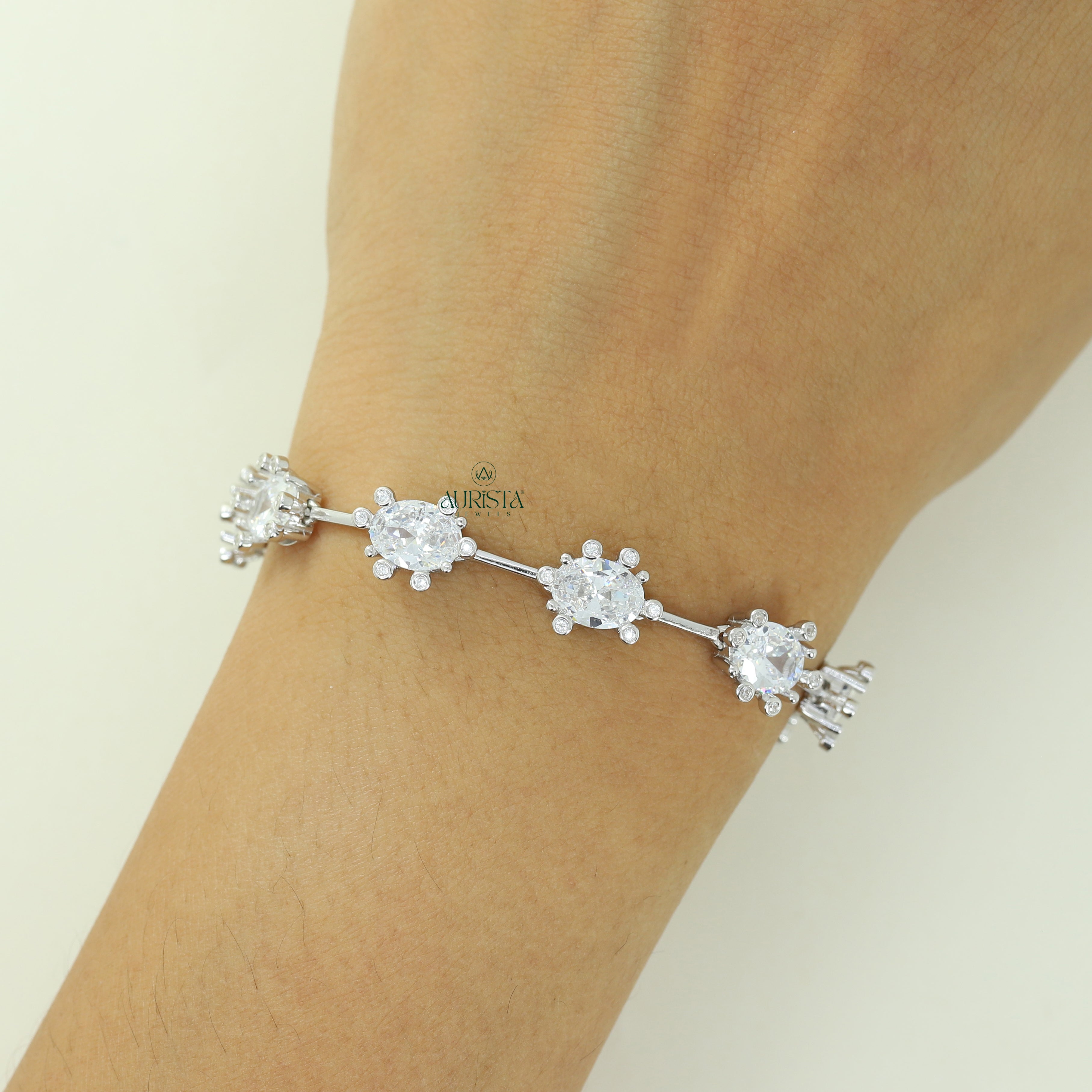 Elegant Moissanite Oval Station Bracelet, Dainty White Stone Link Bracelet