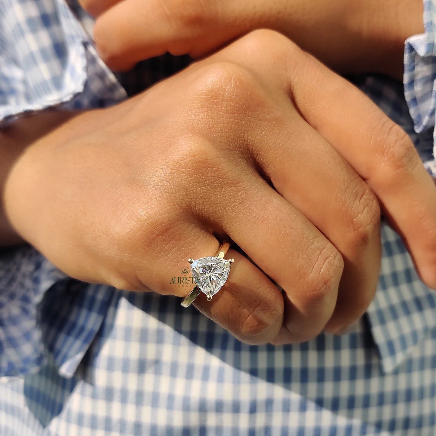 Trillion Cut Moissanite Solitaire Engagement Ring in Polished Yellow Gold Band