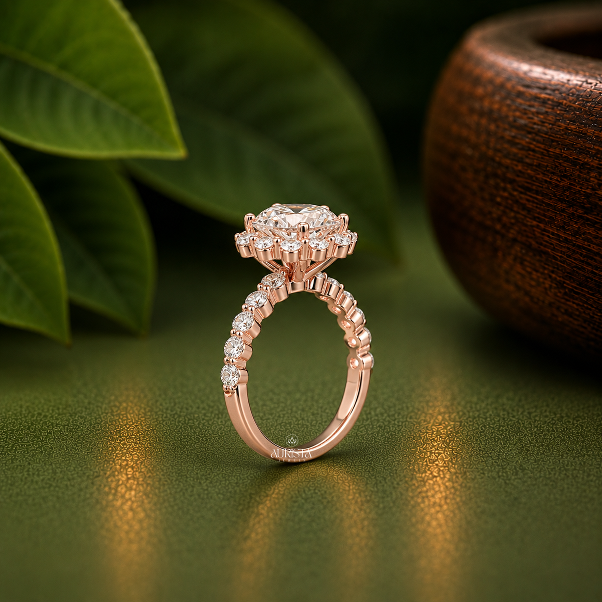 Round Shape Lab Grown Diamond Ring, Floral Halo Bubble Pave Band Anniversary Gift