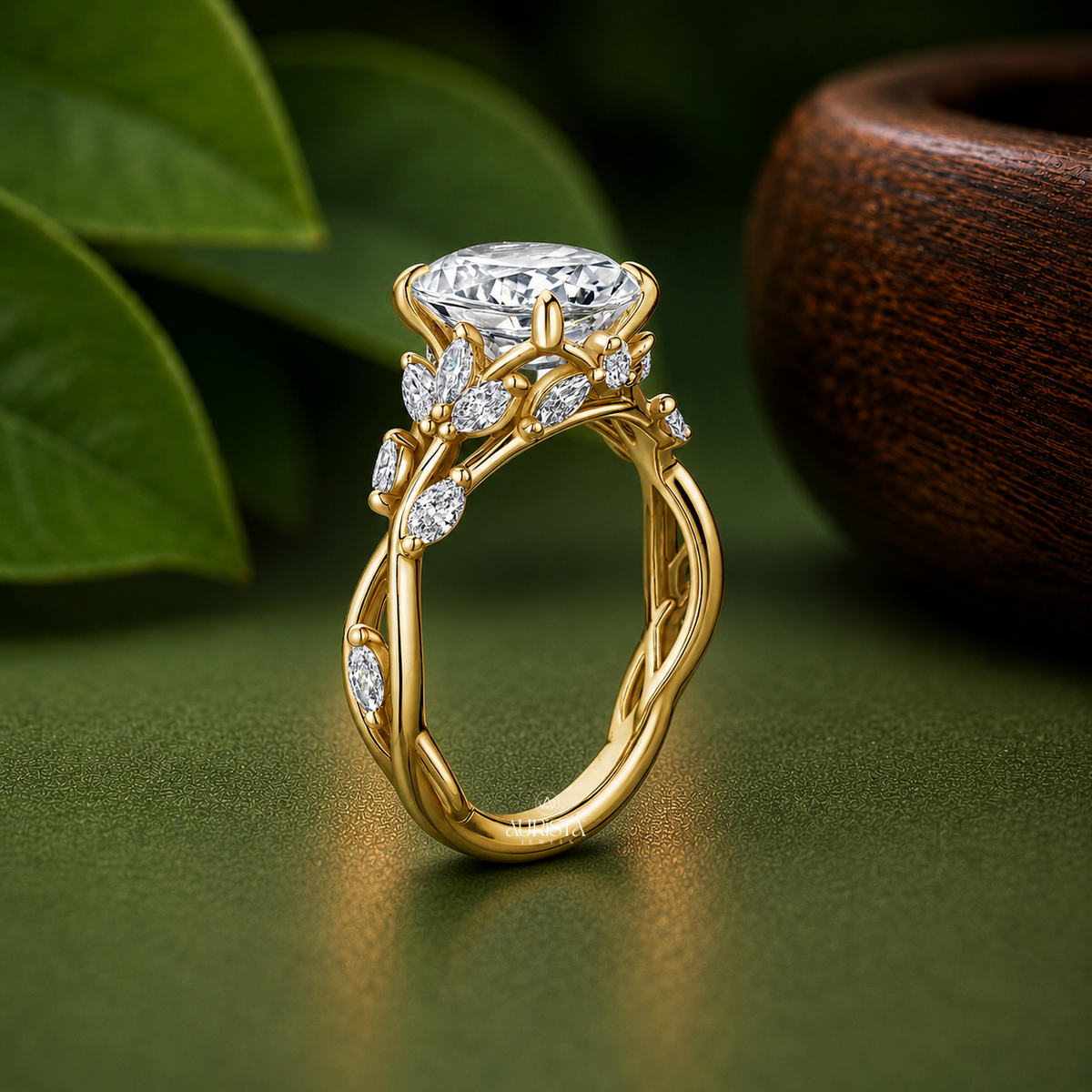 Round Lab Grown Diamond Ring, Nature Inspired Leaf Vine Band, Unique Diamond Ring
