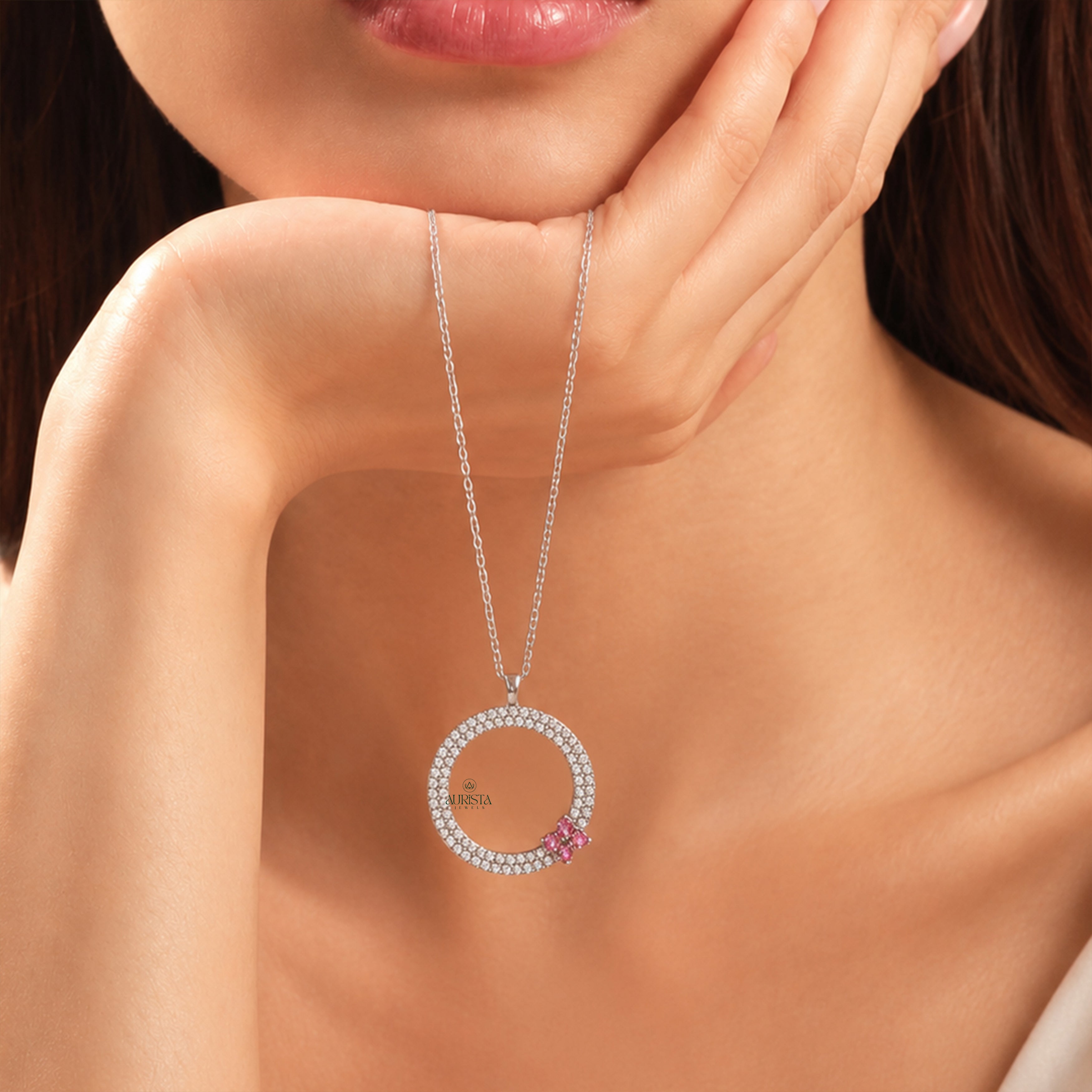 Dainty Moissanite Round Diamond Circle Pendant Necklace Floral Charm Gift For Her