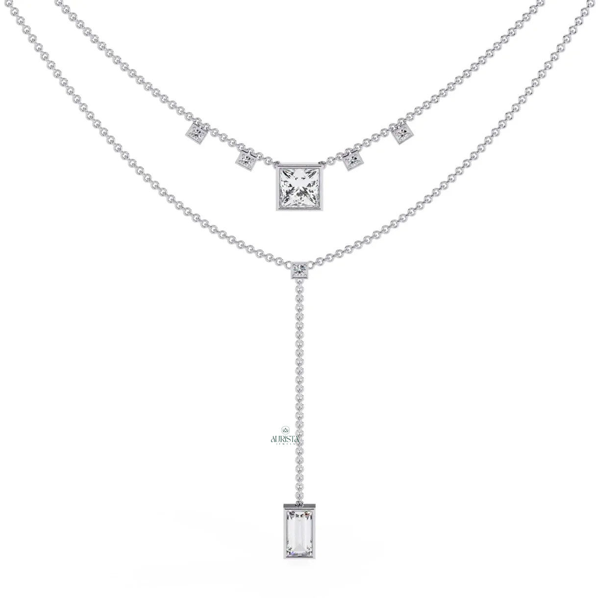 Princess and Baguette Lab Grown Diamond Lariat Necklace Layered Minimalist Chain