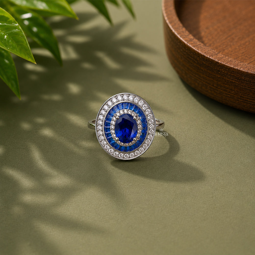 Oval Blue Moissanite Halo Ring, Sterling Silver Statement Ring, Cocktail Ring Gift