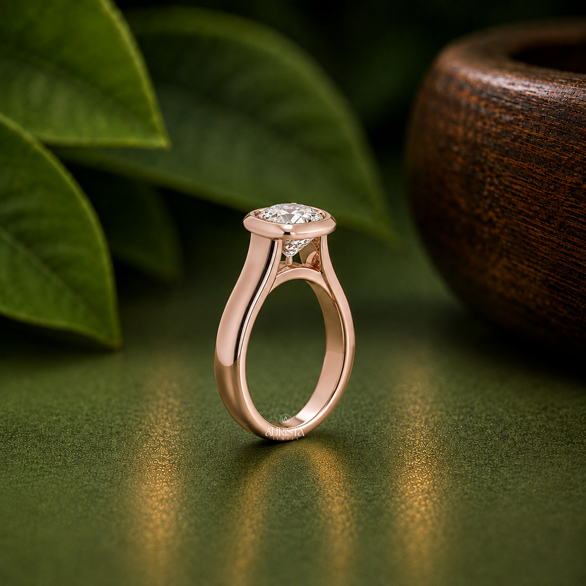 Cushion Shape Lab Grown Diamond Ring, Bezel Set Wide Solitaire Rose Gold Band