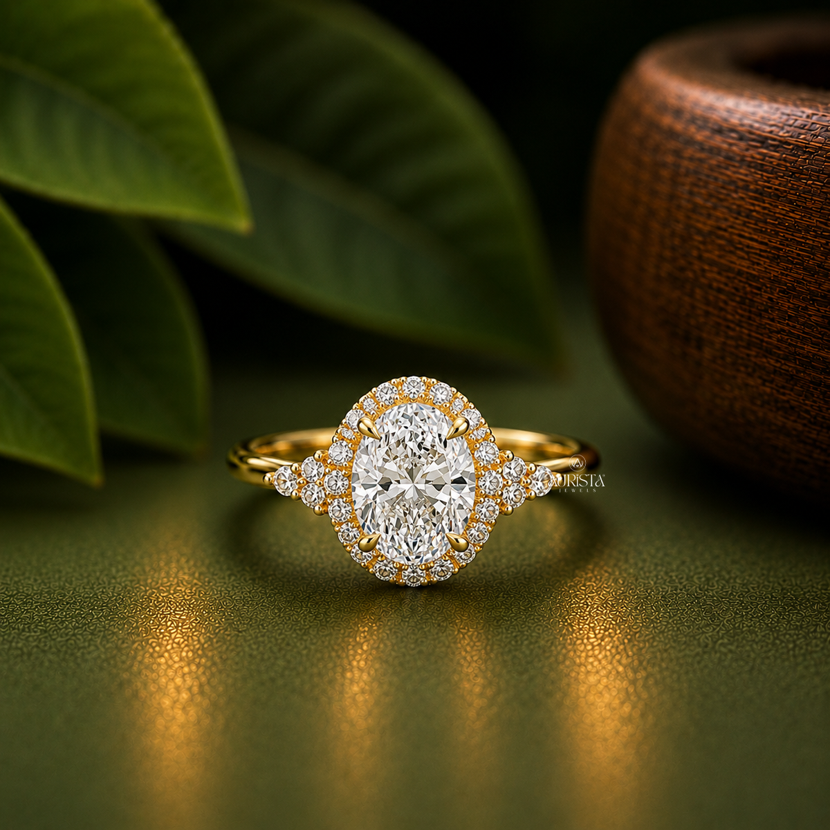 Oval Shape Lab Grown Diamond Ring, Halo Engagement Ring With Cluster Side Stones