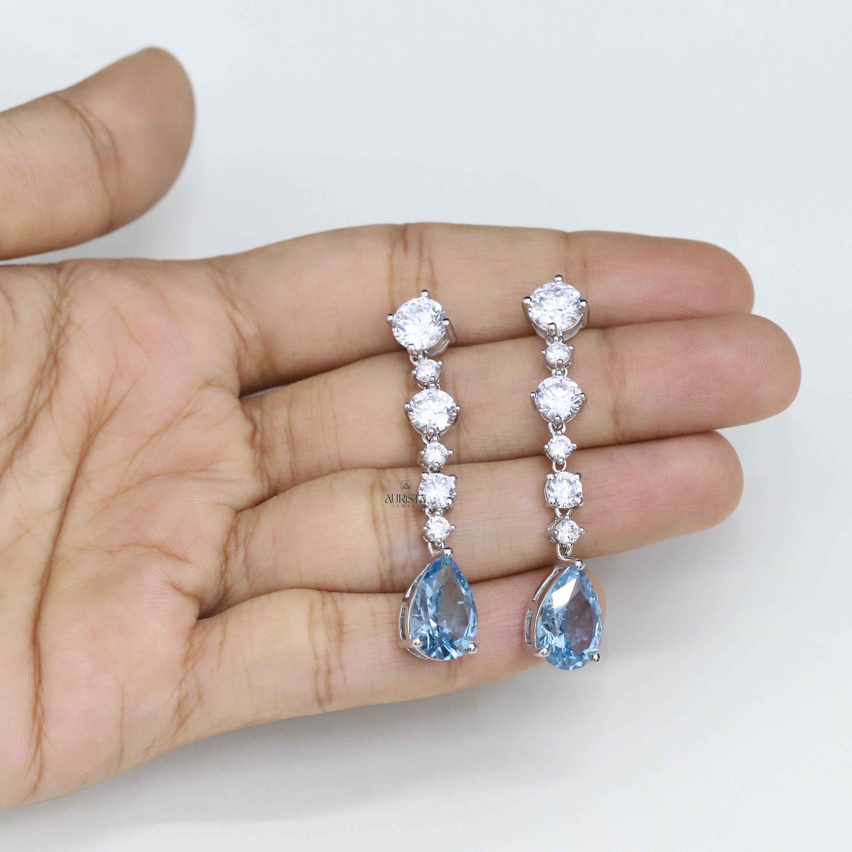 Blue Pear Drop Earrings Dainty Round Moissanite  Cluster Dangle Bridal Jewelry