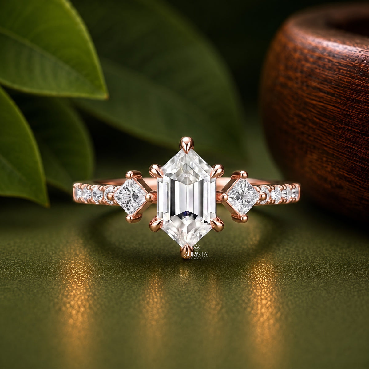 Hexagon Moissanite Diamond Ring, Rose Gold Three Stone Ring With Princess Side Stones