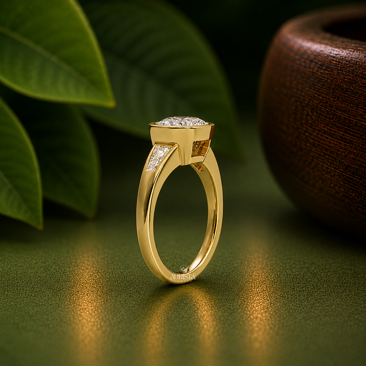 Cushion Lab Grown Diamond Ring, Bezel Set Yellow Gold With Baguette Side Stones