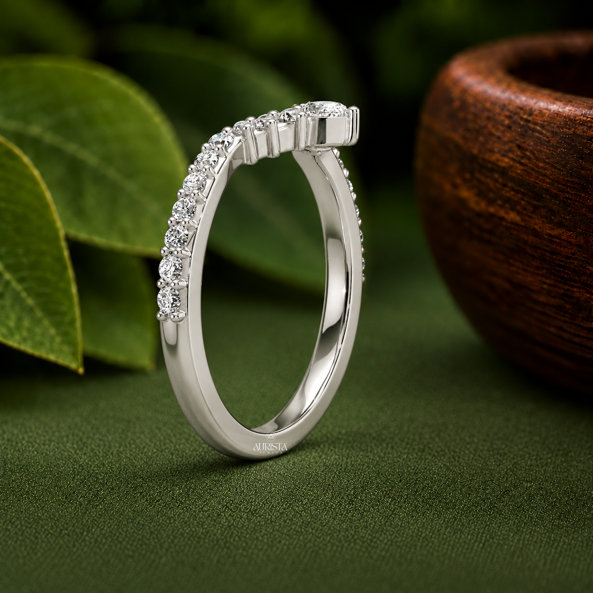 Curved Wedding Band, Moissanite Diamond V-Shape Nesting Ring In White Gold Pave Set