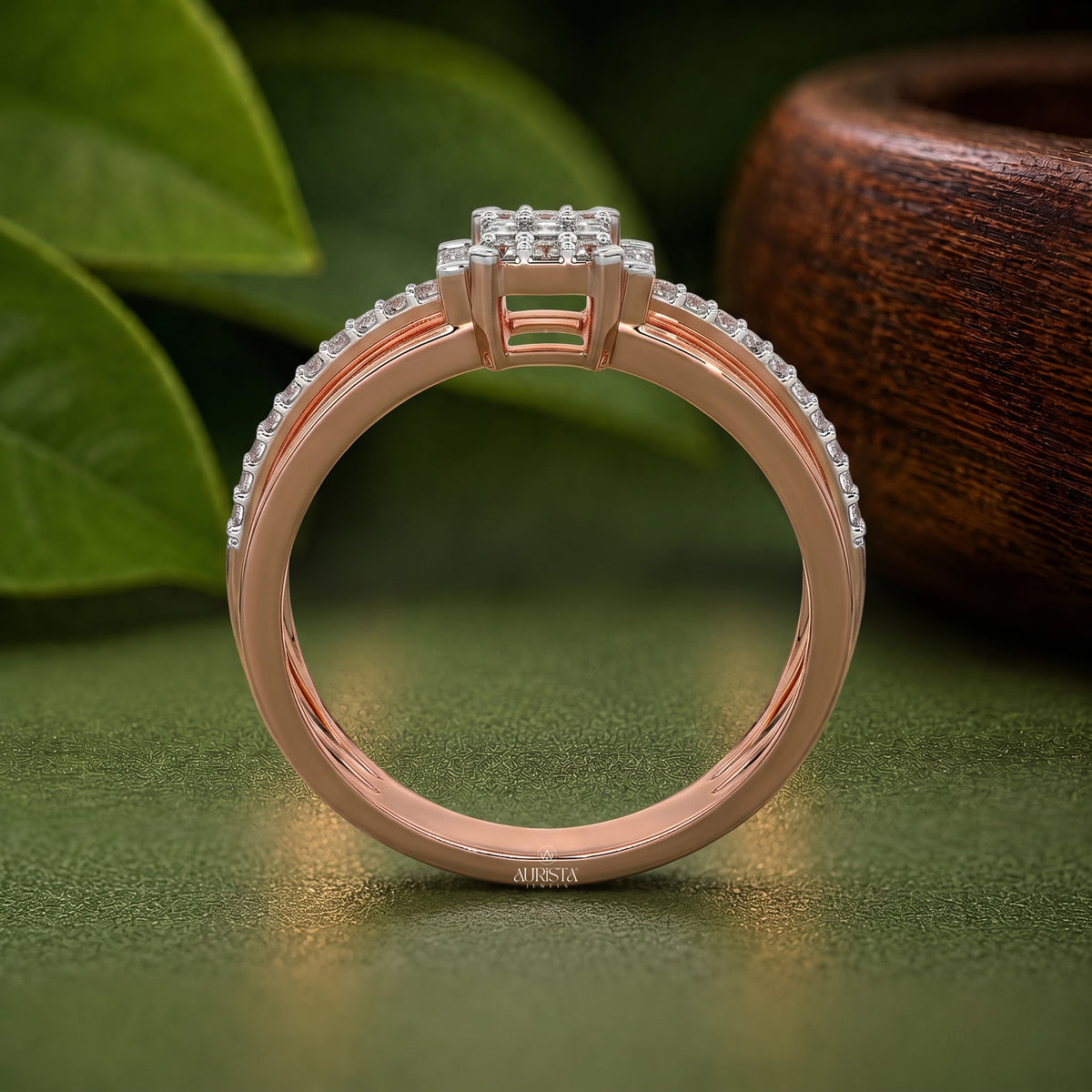 Baguette Lab Grown Diamond Ring, Rose Gold Multi-Layer Band With Pave Accents