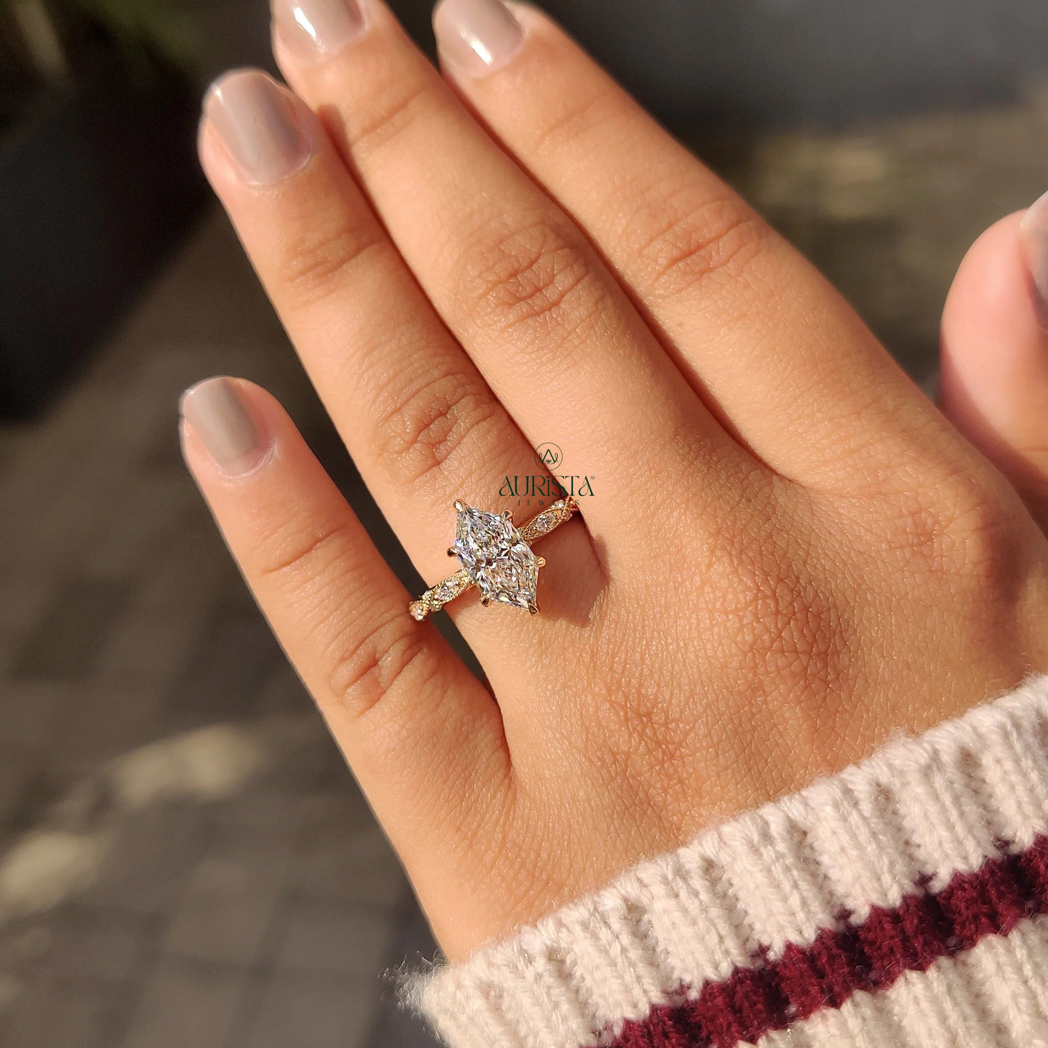 Marquise Cut Diamond Ring with Vintage Twisted Accent Band