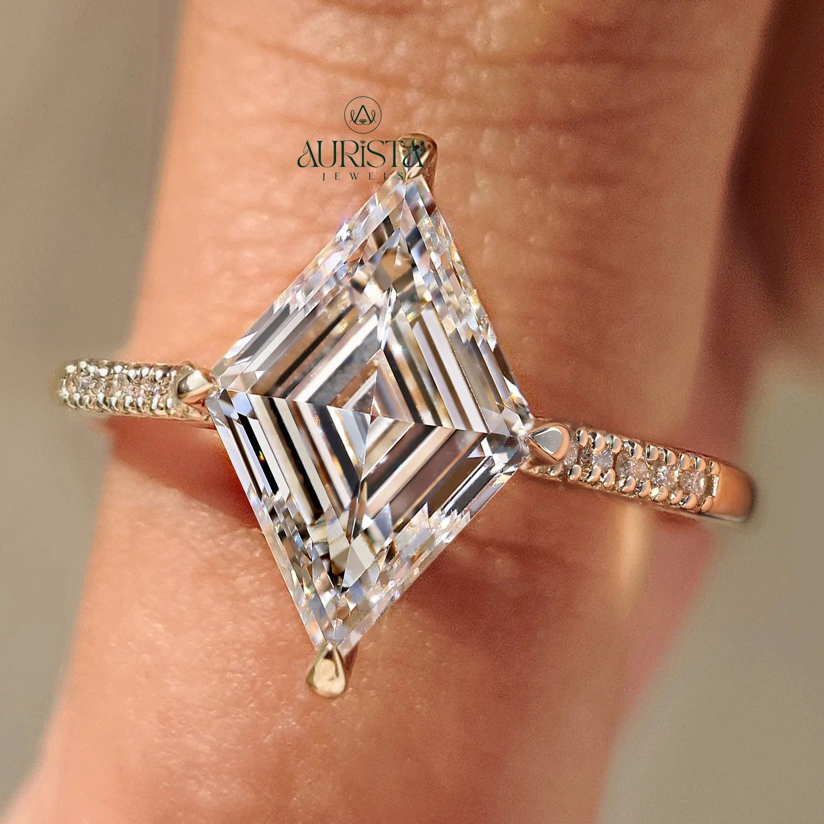 Kite Shaped Step Cut Moissanite Diamond Bridal Ring, Pave Band Stackable Wedding Rings
