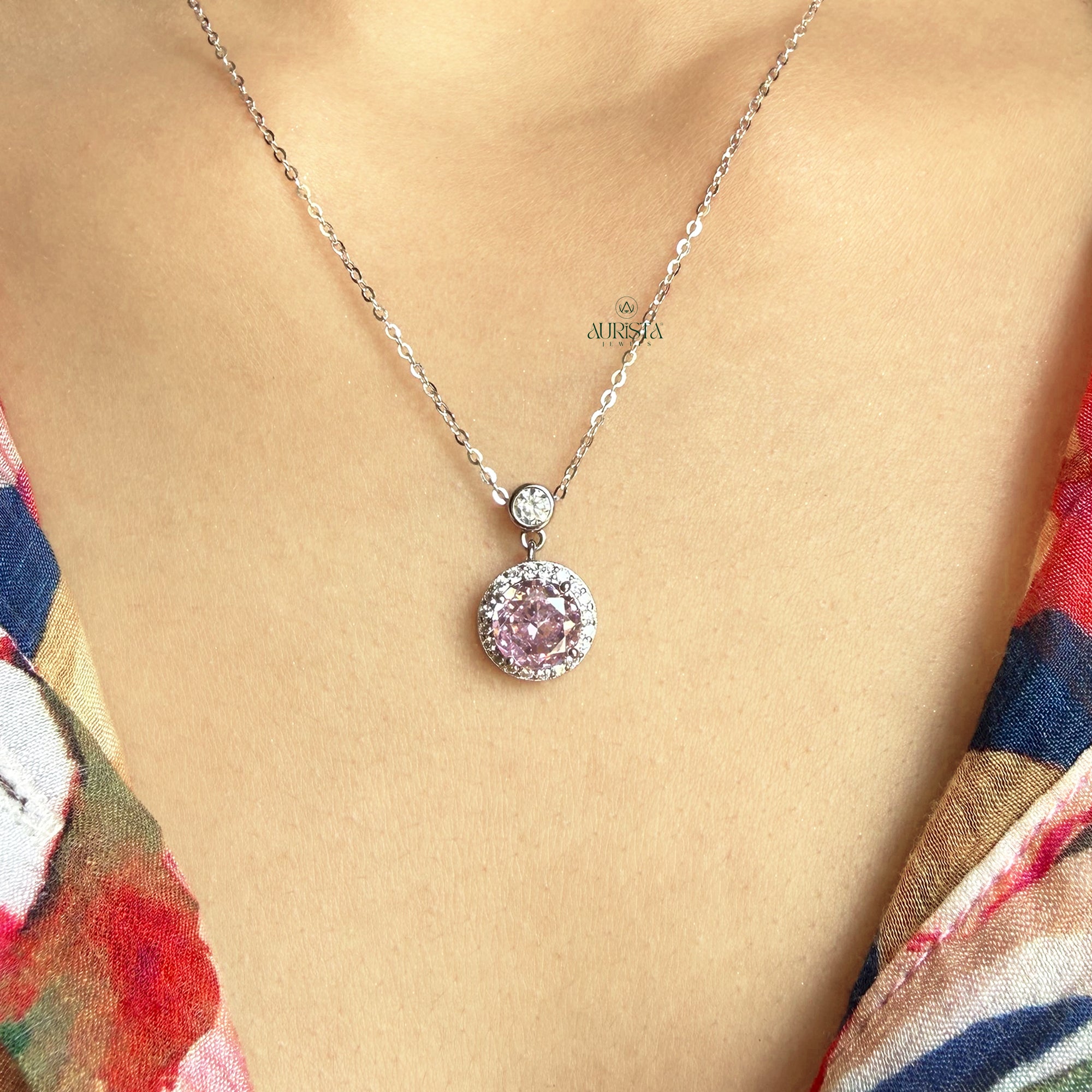 Pink Moissanite Solitaire with Diamond Halo
